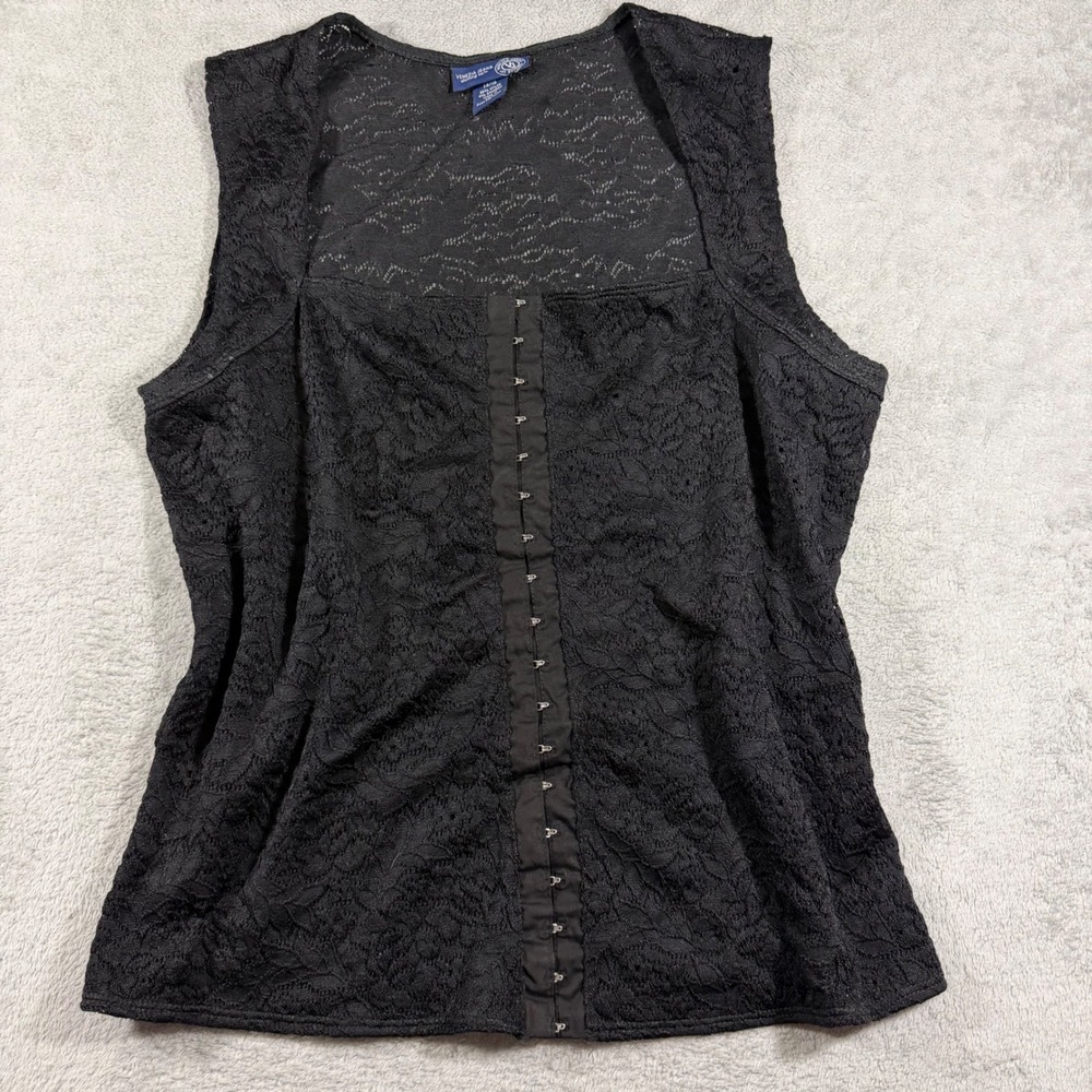 Venezia Jeans Lace Tank Top Womens 14/16 Black Hook Eye Front Sleeveless Cami